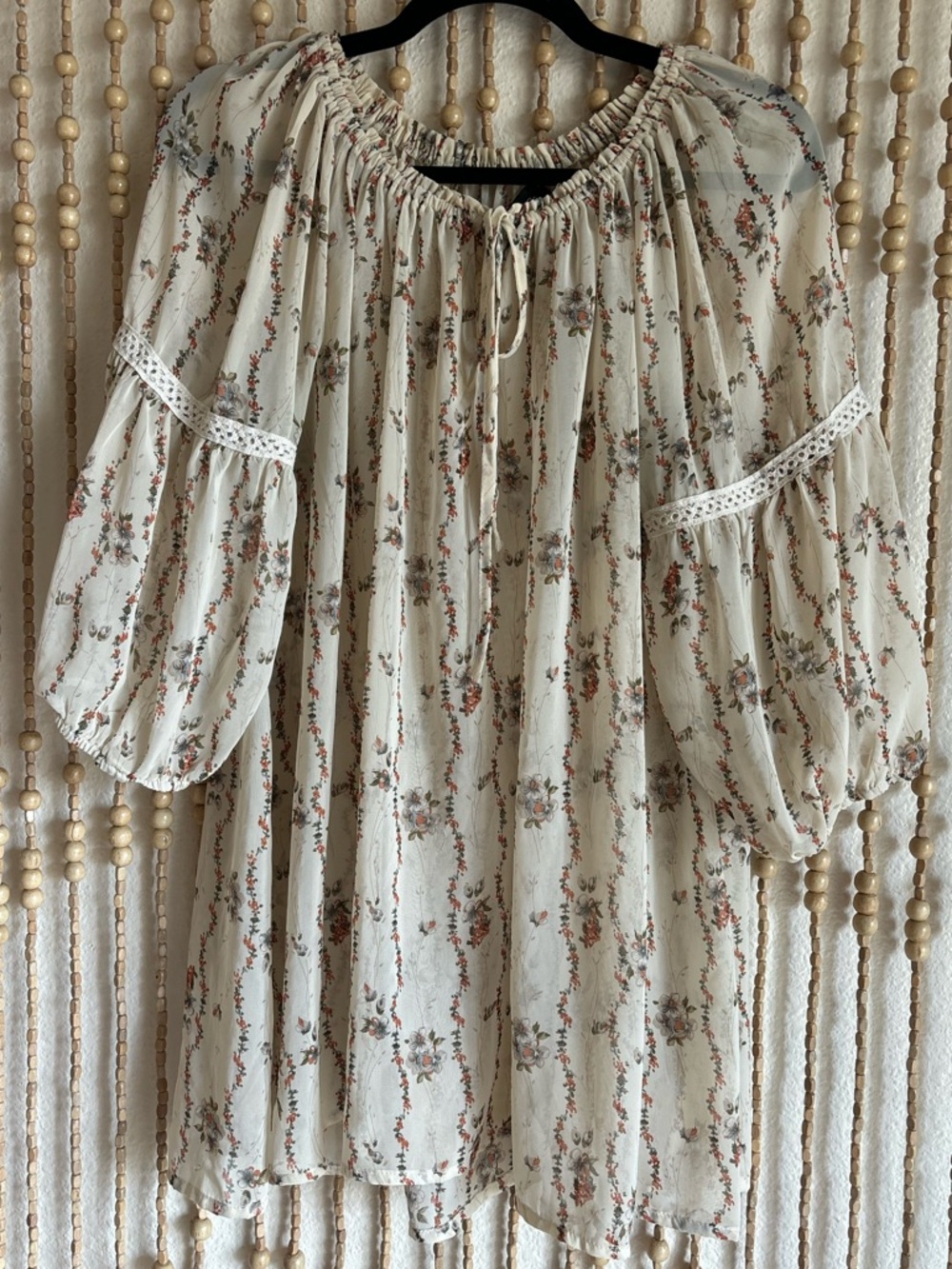 Ivory Dainty Floral Semi Sheer Lightweight Boho Peasant Romantic Flowy Blouse 1X